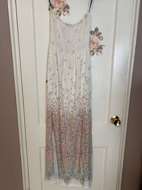 Forever 21 White Smocked Strapless Tube Maxi Dress with Pink Floral Accents